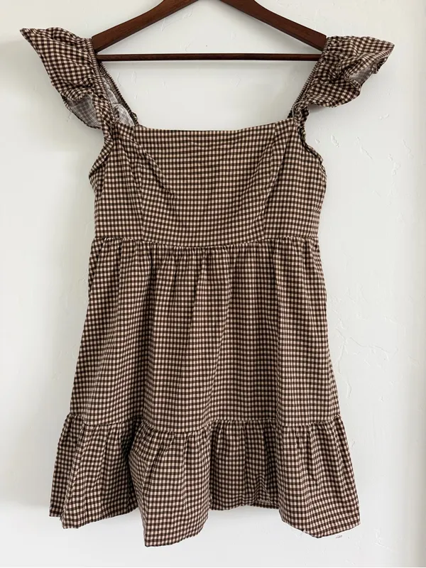 Reformation Jeune Dress Size 10 Brown White Gingham Ruffle Mini Dress - Image 2