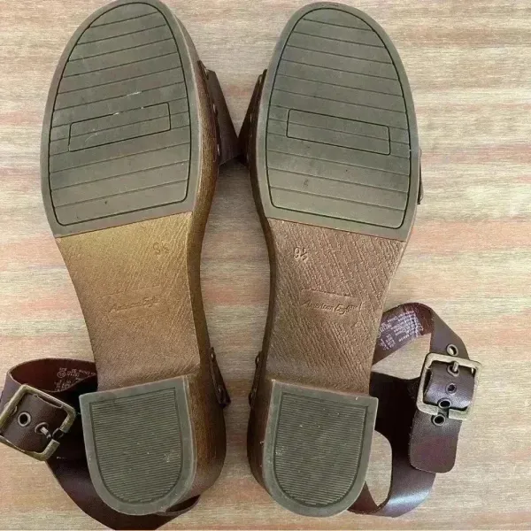 American Eagle 9.5 Women Brown Faux Wood Ankle Strap Clog Heel‎ Platform Sandals - Image 4