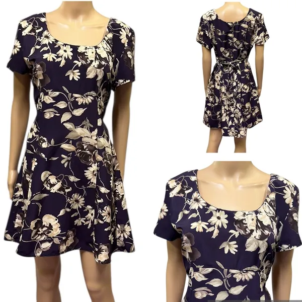 Vintage All That Jazz Plum Cream Floral Print Short Sleeve Zip Tie Back Dress M - Image 2