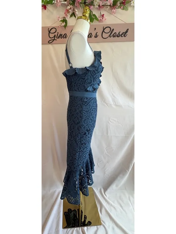 Lady Black Tie Navy Blue Lace Ruffle Detail Midi Dress Size 2 - Image 5