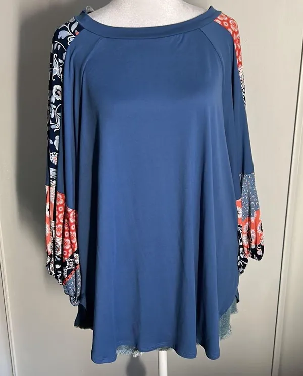New Boho Balloon Sleeve Color Block Patchwork Jersey Knit Top Long Sleeve Blouse - Image 11