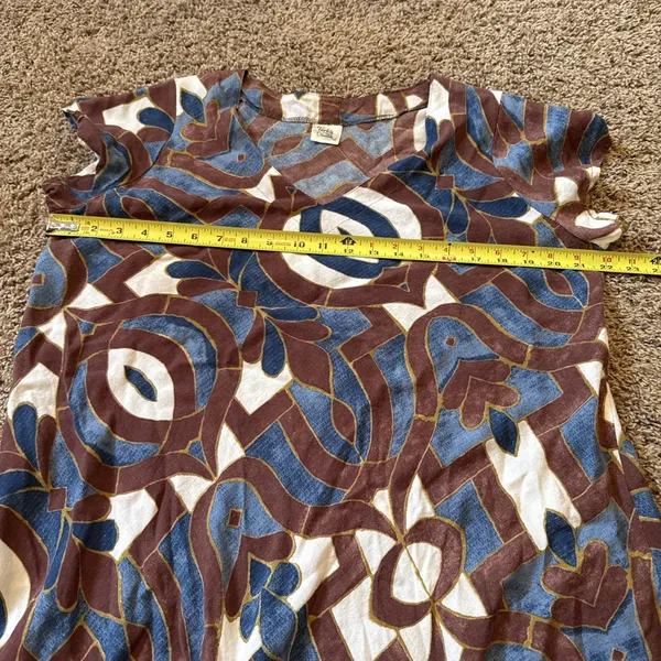 Türkis Otantik V Neck Blue & Brown Lightweight Cotton Midi Dress Medium - Image 4