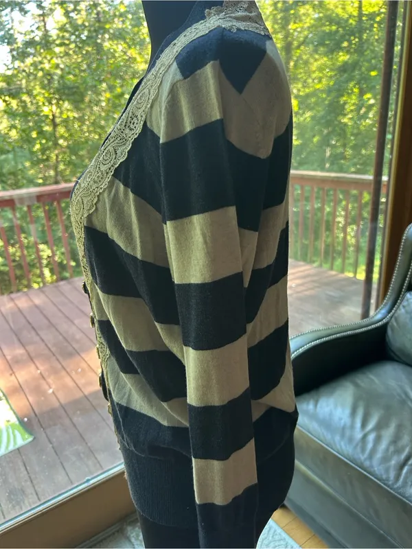 RXB stripped Navy and Cream Lace-Trim Cardigan Sweater - Image 4