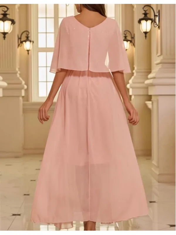 NEW Pink Wedding Guest Cocktail Formal Cape Ruffle Long Maxi Dress XL - Image 3