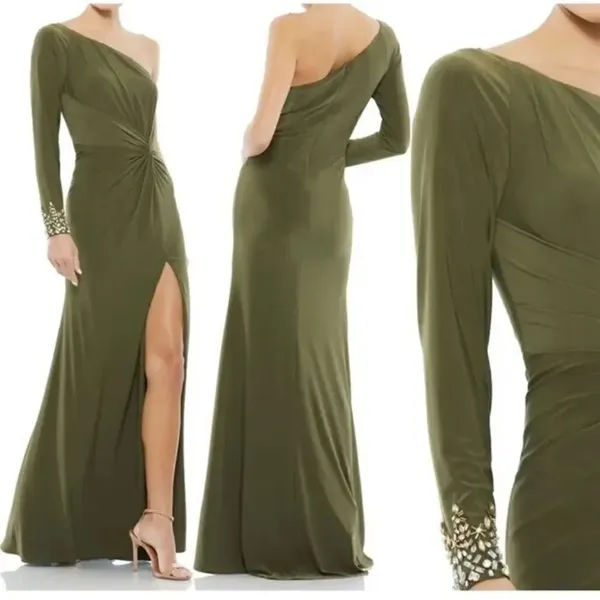 Mac Duggal 55696 Womens Olive ONE SLEEVE BEADED CUFF SIDE TWIST GOWN - Image 2