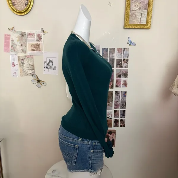 Ann Taylor Green Ribbed Long Sleeve Sweater Top Medium - Image 2
