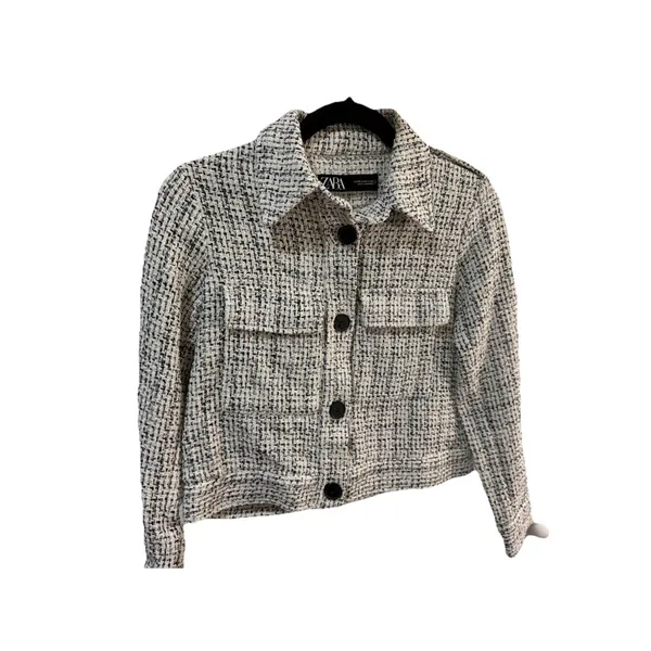 Zara Women's Black/White Tweed Pattern Button Front Collared Pocket Jacket, XS - Image 8