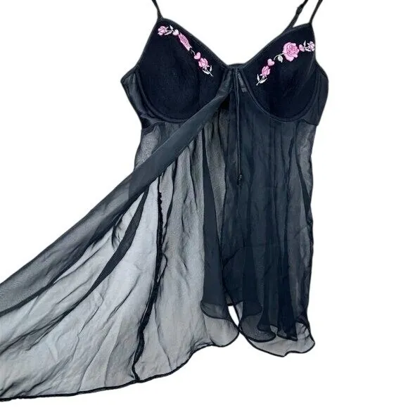 Gilligan & O'Malley Vintage Sheer Babydoll Dark‎ Fairy Lingerie Black Floral - Image 5