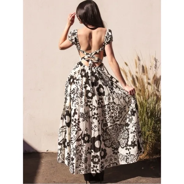 Free People Bohemian Ultraviolet Midi Maxi Dress Black White Floral Large - Image 9