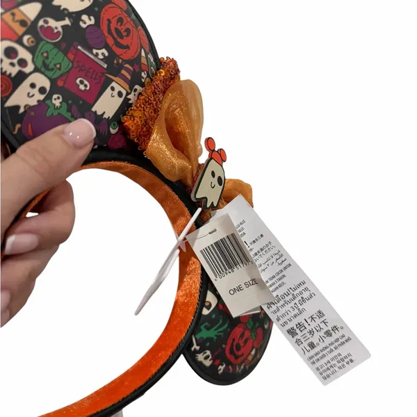 Disney Parks Halloween Ghost Sequin Bow Pumpkin Minnie Ears Headband - Image 2