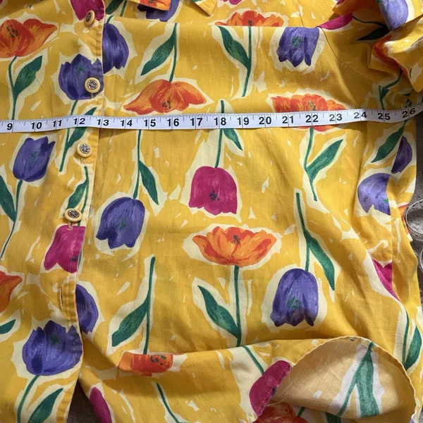 90s Floral Blouse Top XL Yellow Funky Art Teacher Button down Bloomcore Teacher - Image 8