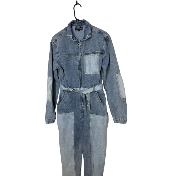 PrettyLittleThing Womens Patchwork Denim Jumpsuit Blue‎ Long Sleeve Size 10 - Image 2