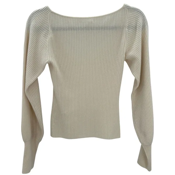 Reformation Hart‎ Cashmere Ribbed V-Neck Sweater Cream XS Blouson Sleeve *FLAW* - Image 3