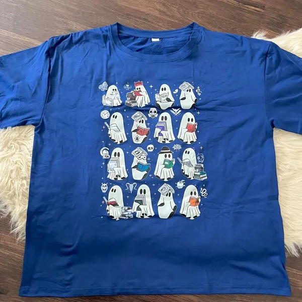 Source Unknown NWOT Blue Reading Ghosts Spooky Halloween Graphic T-shirt Size XL - Image 3