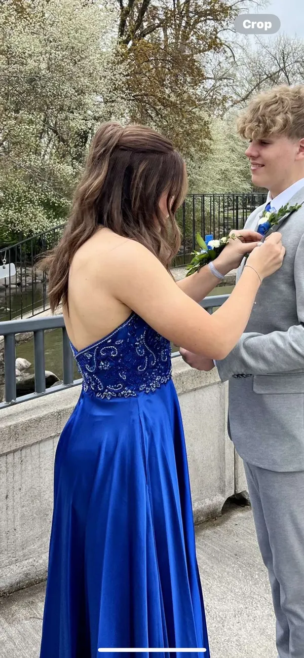 Beaded Silk Prom Dress Blue Size M - Image 3