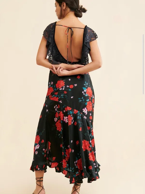 Free People Warm Hearts Black Floral Lace Midi Dress M - Image 2