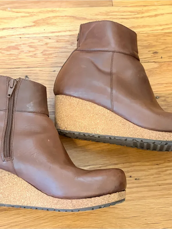 Birkenstock Papillio Ebba Cognac Leather Cork Wedge Ankle Boots Size 7 Comfort - Image 3