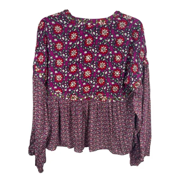 Free People Boho Floral Peasant Top M Purple Red Tie Up Studded Beaded Rayon - Image 2
