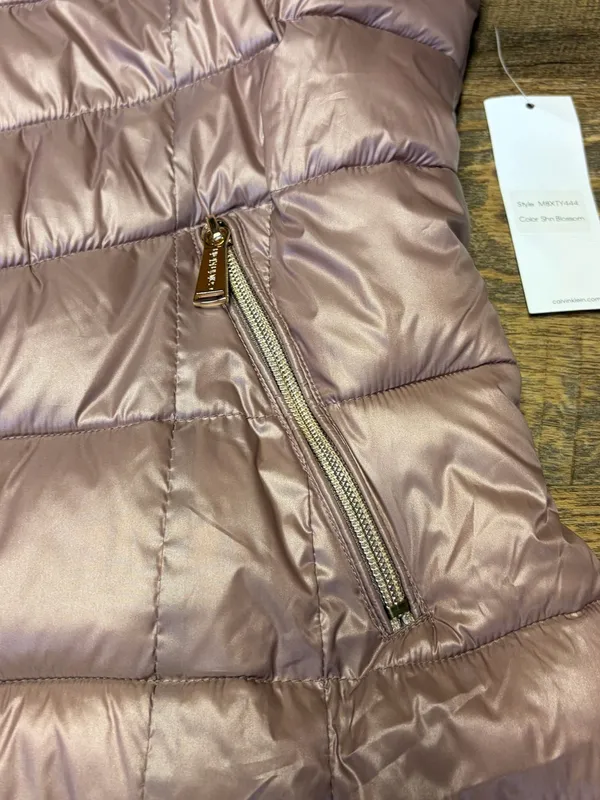 Calvin Klein Puffer Vest Womens Medium Pink Shiny Quilted Full Zip New - Image 3