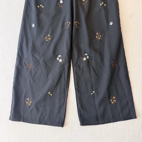 Floral Embroidered Wide Leg Trousers Womens Medium Black - Image 9