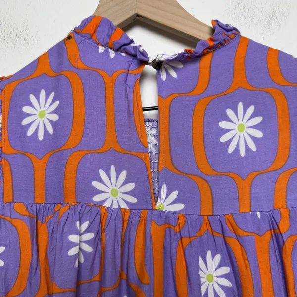 Bucket List Women Top Small‎ Purple Orange Retro Floral Smocked 70s Groovy Mod - Image 7