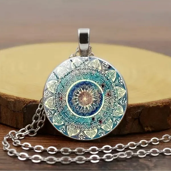 Mandala flower time gemstone necklace, bracelet‎ & earrings set, glass pendant - Image 4