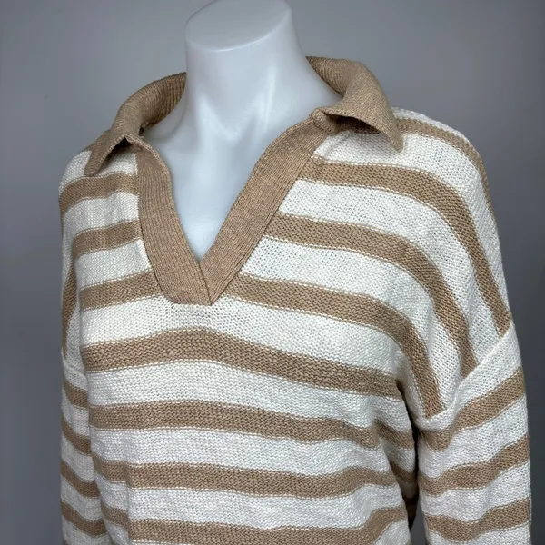 Sonoma Brown Beige Striped Print Cotton Collar Long Sleeve Sweater Top Size M - Image 4