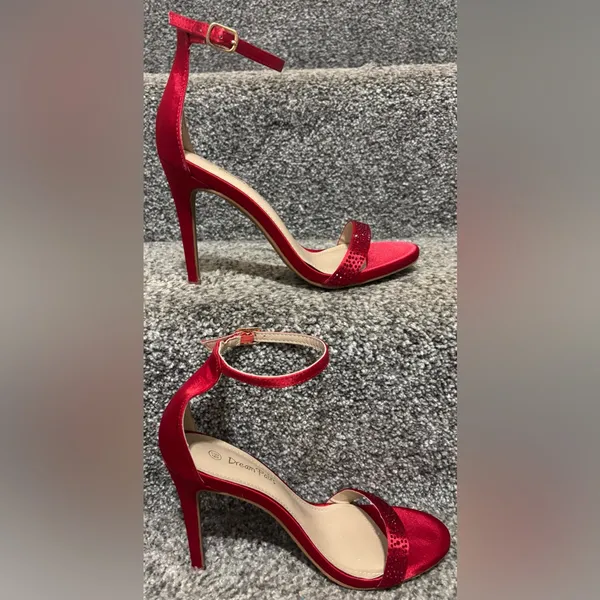 Dream Paris Red Satin Stilettos With Rhinestone Detailing - Image 5