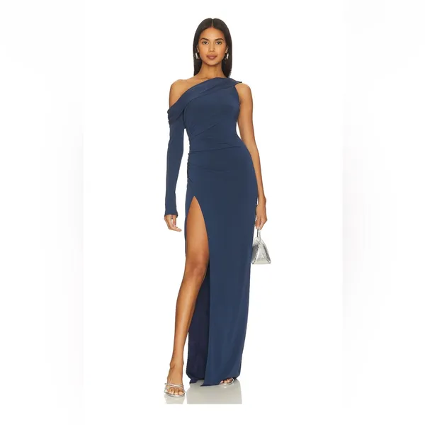 KATIE MAY Deep Sea Blue MOJAVE Single Long Sleeve HIGH SLIT Ruched GOWN XS‎ - Image 3