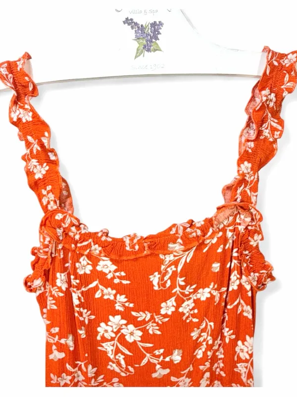 LULUS Women’s Garden Date Red Orange Floral Print Ruffle Midi Dress size XXS - Image 12