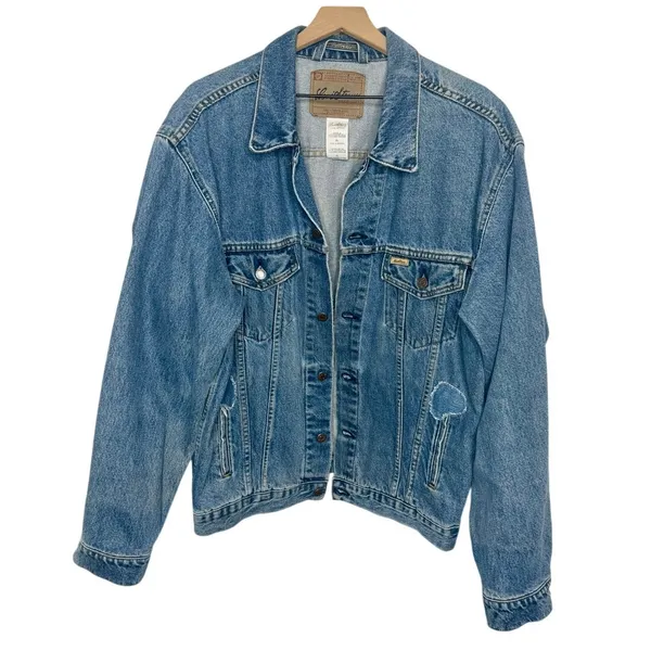 VINTAGE LEVI STRAUSS Women's XL Denim Jean Button Trucker Jacket Heart Patches - Image 2