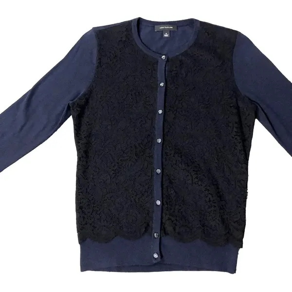 Ann Taylor Cardigan Sweater Womens S Used Navy with Black Lace Front - Image 4