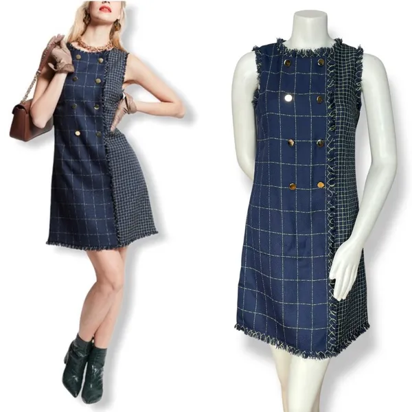 Julia Jordan Dress Shift Woven Navy Blue Decorative Buttons Sz 4 Raw‎ Edges Mini - Image 2