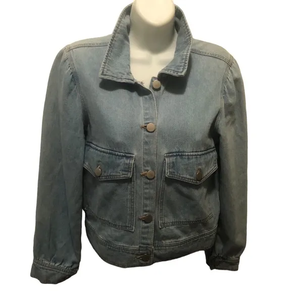Lulus Classically Cool Light Wash Denim Jacket M Puff Sleeve Light Wash Pockets - Image 4