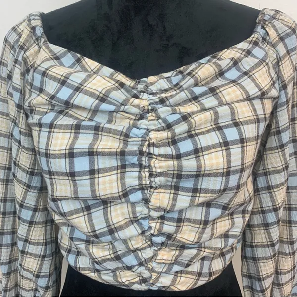 Zara Women's M Blue Cream‎ Plaid Ruched Chic Cottagecore 3/4 Sleeve Blouse - Image 4