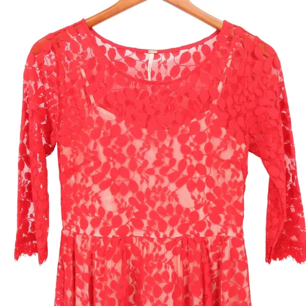 Free People Floral Mesh Lace Red Mini Dress Asymmetrical Hem 3/4 Sleeve 6 - Image 5