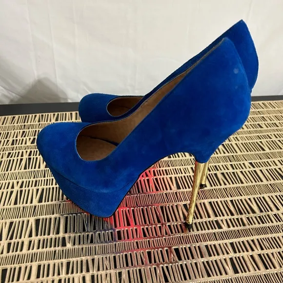 Betsey Johnson Giselle Blue Suede Heels with Hot Pink Sole‎ - Image 4