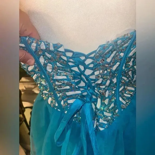 NWT Narianna Corset Back Blue Strapless Tulle Babydoll Dress - Image 8