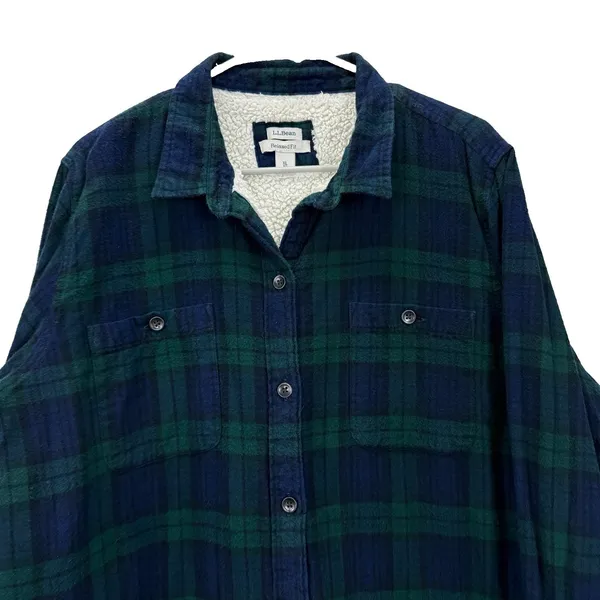 LL Bean Black Watch Scotch Plaid Sherpa Lined Shacket Flannel Jacket Pockets XL - Image 4