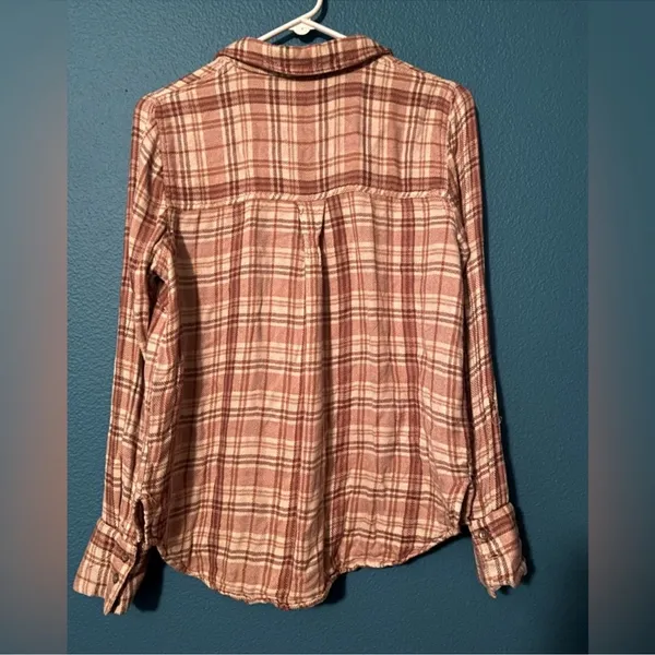 Free People Dusty Pink, Rust & Cream Soft Flannel Button Down Shirt. Relaxed Fit - Image 9