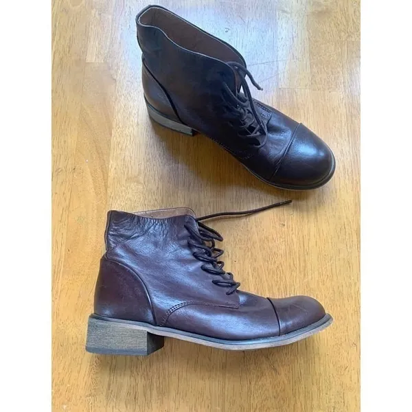 Creator Ankle Leather Booties Boho Chic Brown Lace Up Boots Shoes, Size 38 - Image 2