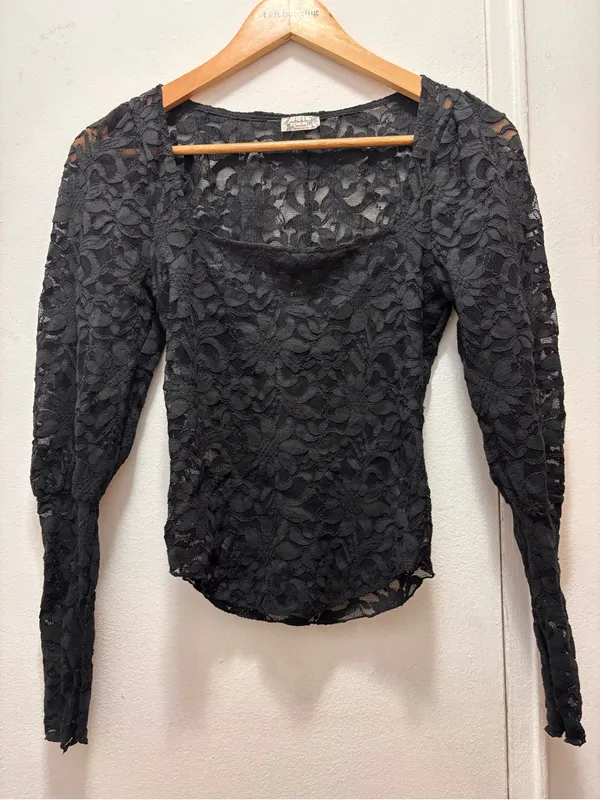 Free People Intimately Yours Long Distance Layering Black Lace Square-Neck Top - Image 2