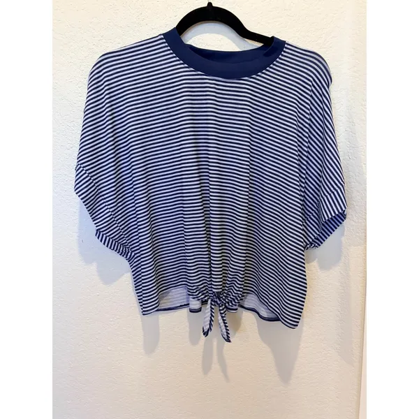YPB Featherweight Tie-Front Tee Navy Blue Striped Active Crop Top XL - Image 8