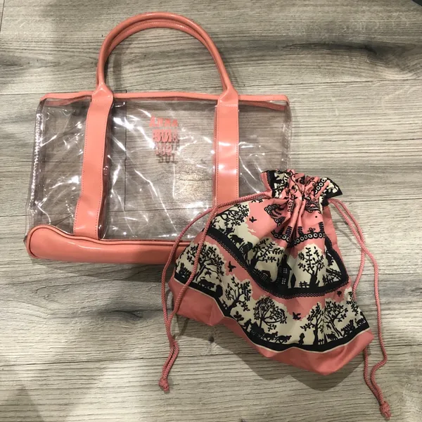 Anna Sui Clear Tote Bag Purse with Inside Drawstring Pouch Lining Pink - Image 6