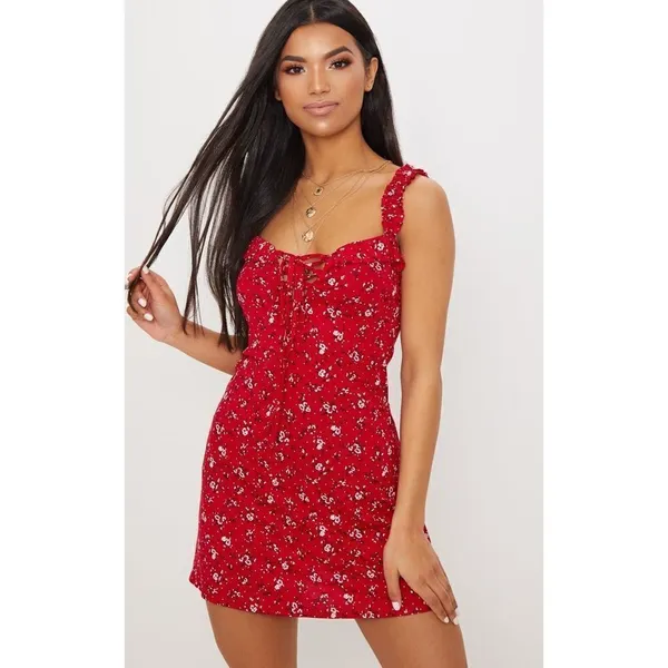Pretty Little Thing ✨Red Ditsy Floral Print Frill Detail Shift Dress✨ - Image 2