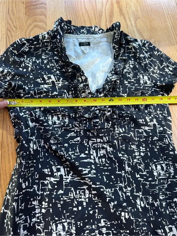 J. Crew 100% Silk‎ Abstract Print Ruffle Dress Size 8 Black White Shift - Image 7