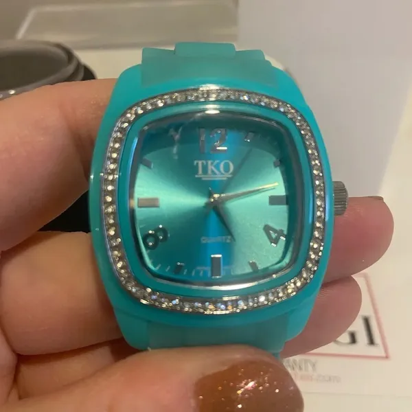 TKO Square‎ Face Watch with Silicone and Rhinestones Aqua Blue EUC - Image 9
