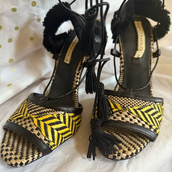 Zara Black and Yellow Woven Lace Up Sandals - Image 2