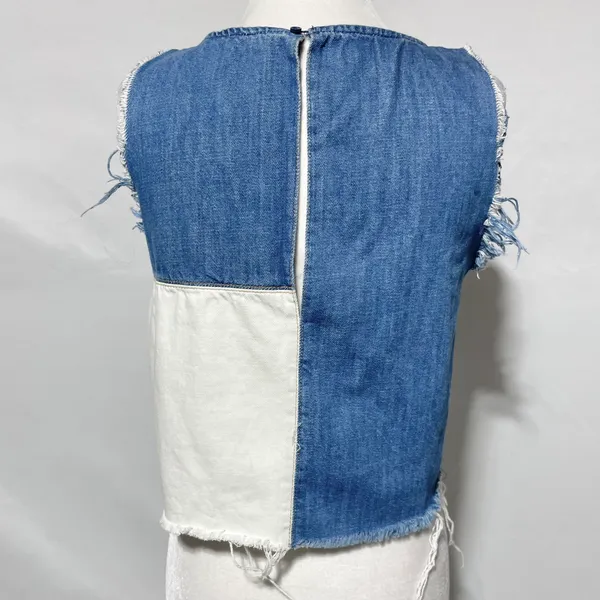 ZARA Patchwork 2-Tone Denim Raw Hem Tank Top Blue White Size Small 5575/012/400 - Image 12