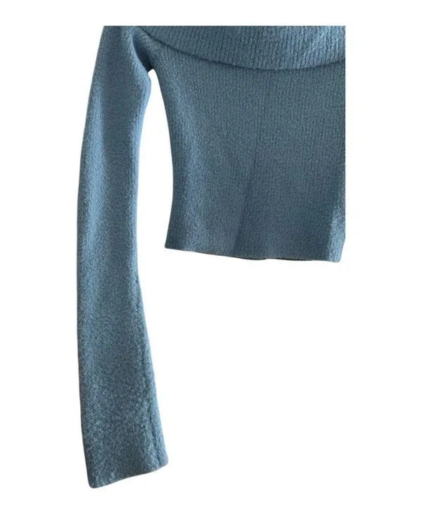 American Eagle Blue Off The Shoulder Long Sleeve Cropped Fuzzy Soft Sweater - Image 2